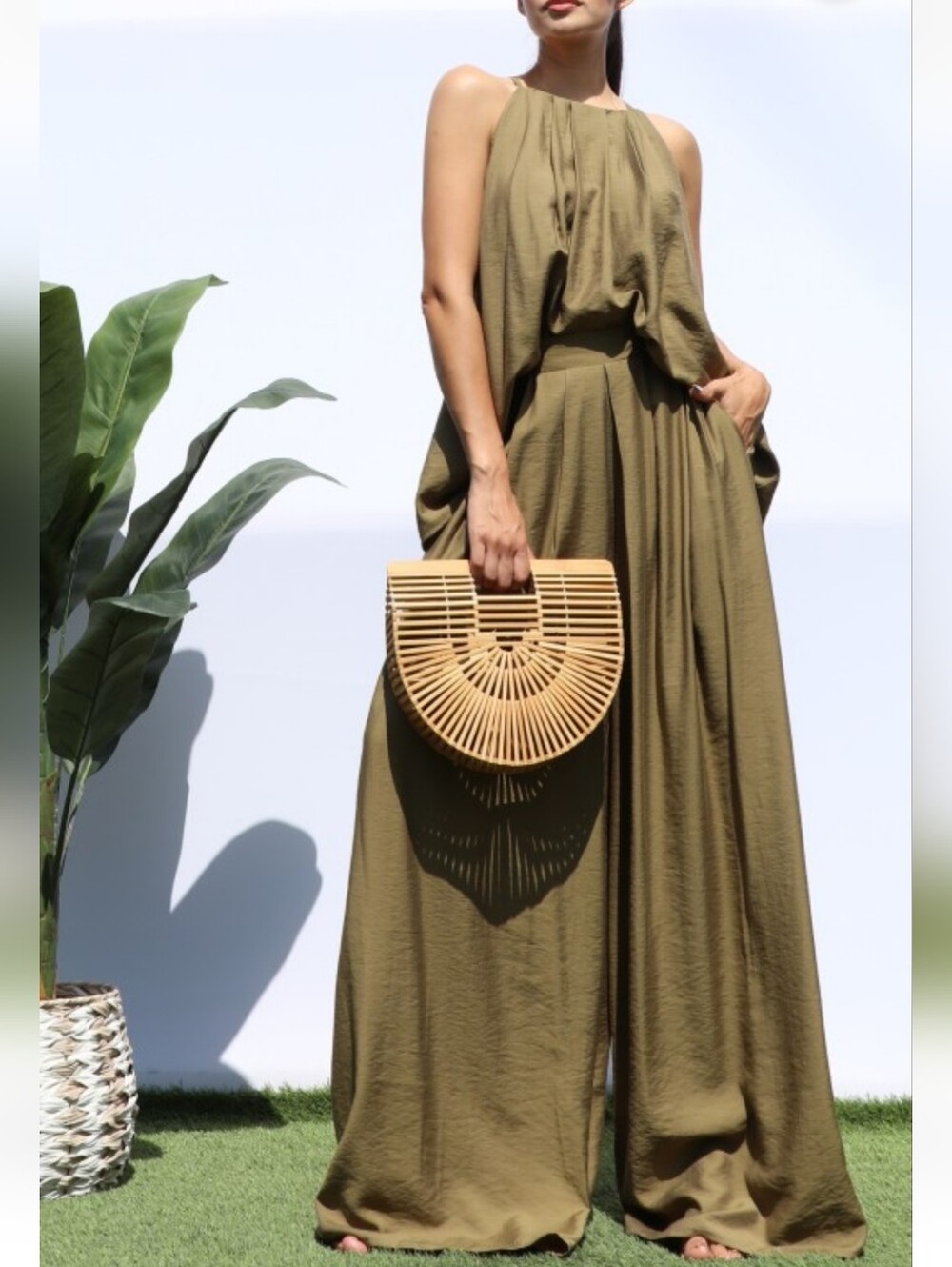 Boho Olive Green Halter Top &  Wide-Leg Pants Set NWT